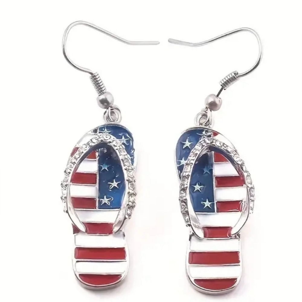 🎄 FLIP FLOP US PATRIOTIC dangle earrings w rhinestones, 1 set